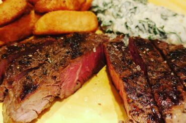 Sous Vide steak, maris piper chips and creamed spinach