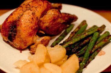 Roast poussin with balsamic asparagus