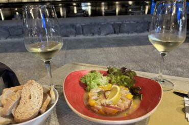 Corvina (Meagre) ceviche with mango, red onion and coriander + white wine from Lanzarote