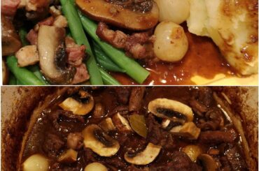 beef bourguignon with mash and greens