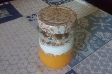 Peach compote with muesli, Greek yoghurt and more muesli