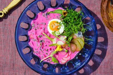 Chłodnik - vegetarian cold beet soup served with new potatoes