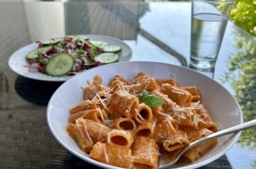 Creamy Tomato & Paprika Pasta, Radicchio, Basil & Cucumber Salad