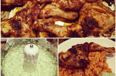 roasted chicken, tomato rice with green sauce homemade
