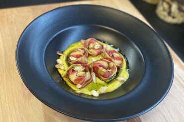 Cheese Tortellini, polenta, basil oil