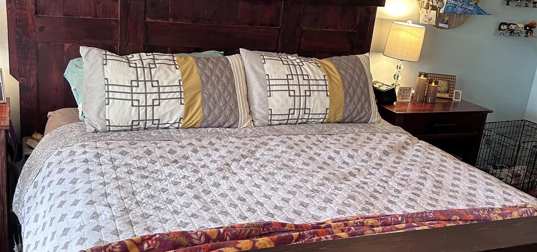 Please help me brighten up my bedroom! Bed has to stay… my husband built  it for us.