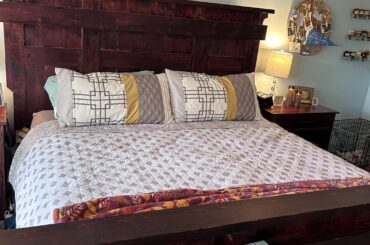 Please help me brighten up my bedroom! Bed has to stay… my husband built  it for us.