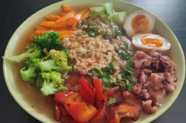 Noodles with sour and hot broth and a few vegetable gyozas