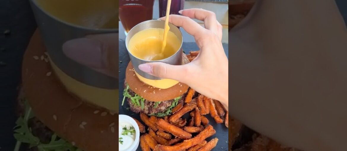 Cheesy burger with sweet potato fries