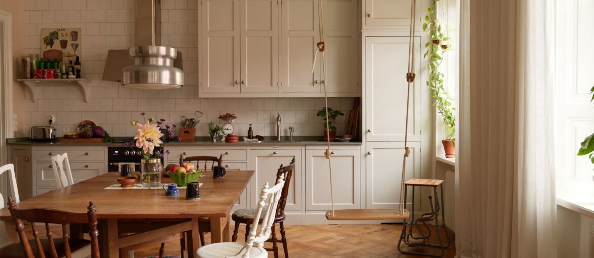 Parquet floor kitchen full of natural light in a renovated 1861 apartment, Södermalm, Stockholm City Centre, Sweden [2200x1574]