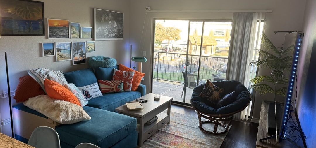 My coastal(ish) inspired living room. Bonus chaotic office space.