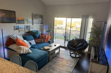 My coastal(ish) inspired living room. Bonus chaotic office space.