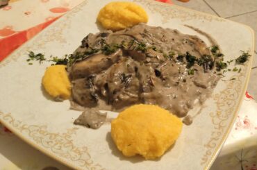 Romanian Mushroom stew with sour cream, mozzarella, garlic and hot pepper +polenta