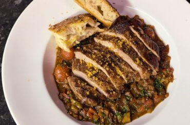 Local free range pork with homegrown tomatoes and peppers, focaccia and finished with some beautiful bottarga.