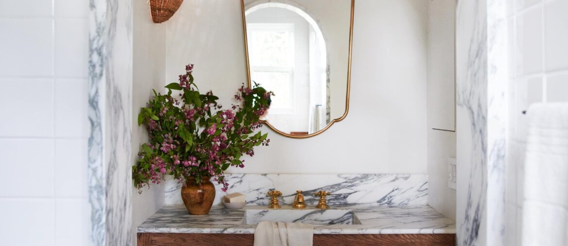Arched vanity nook in a renovated 80s Spanish-style residence, Outpost Estates, Hollywood Hills, Los Angeles [2500x3750]