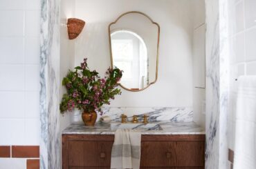 Arched vanity nook in a renovated 80s Spanish-style residence, Outpost Estates, Hollywood Hills, Los Angeles [2500x3750]