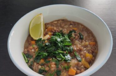 Stew w/ black, red and brown lentils and colorful veggies & a carrot-cabbage salad with peanut and lime dressing