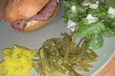 saumagenbrötchen, pickled vegetables, salad with blue cheese