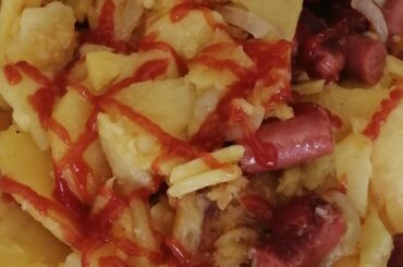 Fried Sliced Potatoes and Hotdog Sausages