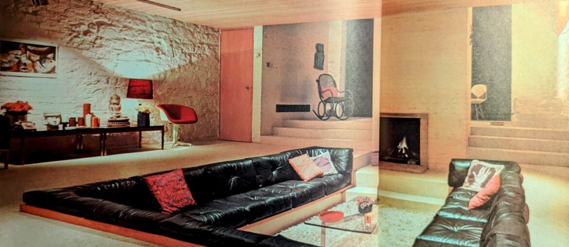 Leather drop-floor sofa in an Irish house. From 1971 book "Modern Furniture and Decoration" 4059x2652]