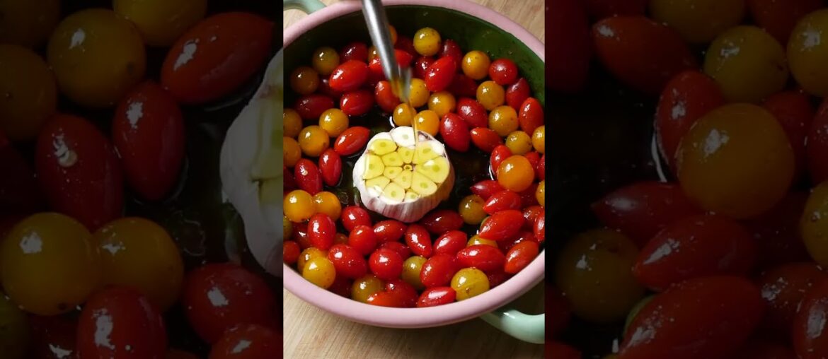 Slow roasted garlic and tomatoes with olive oil and balsamic glaze on toast with burrata