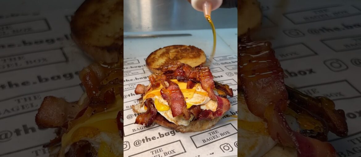 HOT HONEY BACON EGG & CHEESE FRENCH TOAST BAGEL at The Bagel Box on Staten Island NYC! #DEVOURPOWER