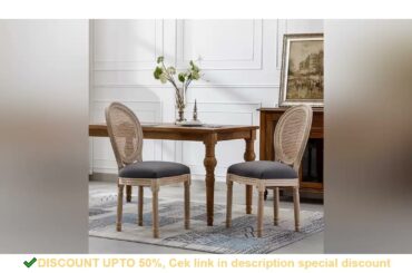 French Style Solid Wood Frame Linen Fabric Rattan Back Dining Chair,Set of 2,Gray