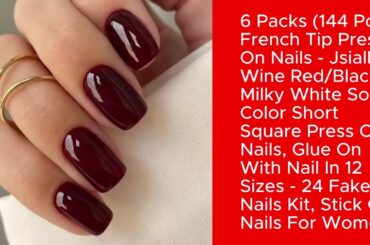 6 Packs 144 Pcs French Tip Press on Nails   Jsiallye Wine RedBlackMilky White Solid Color Short Squa