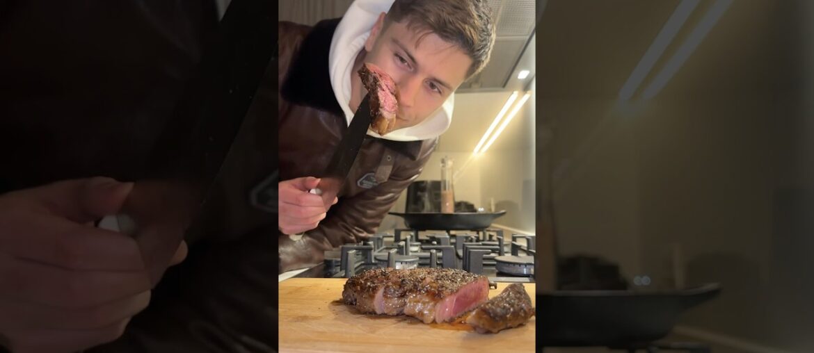 Medium-Rare Ribeye Steak with Fries and Red Wine Demi Glace, my way.