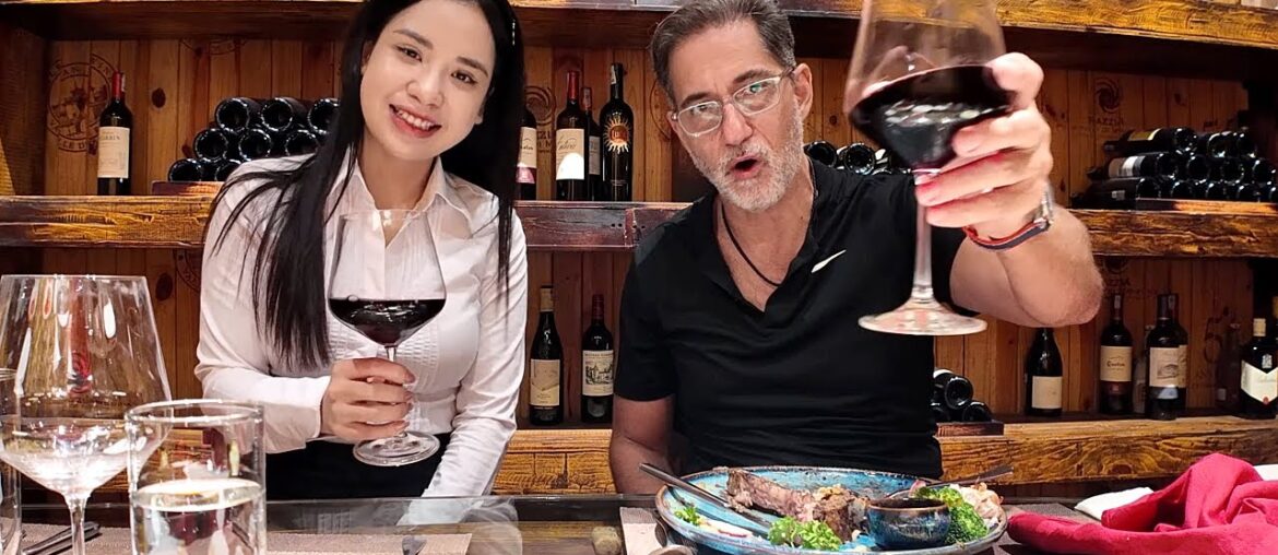 Vietnamese Country Girl Serves Fine Dining Steak in Wine Cellar Celebration Vietnamese Country Girl Serves Fine Dining Steak in Wine Cellar Celebration