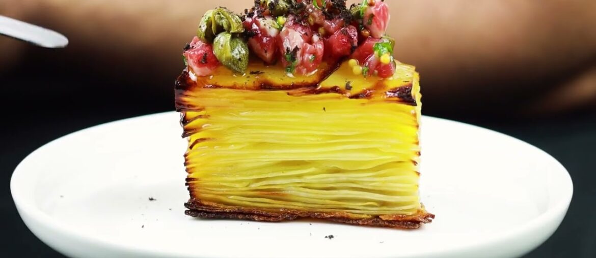 "Duo Tartare Potato Masterpiece: Dry-Aged Beef & Heirloom Tomato!"