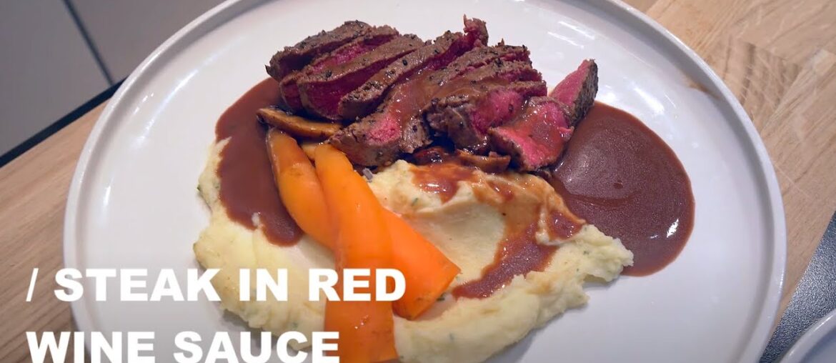 Steak in Red Wine Sauce - With Smashed Potatoes and Blanched Carrots
