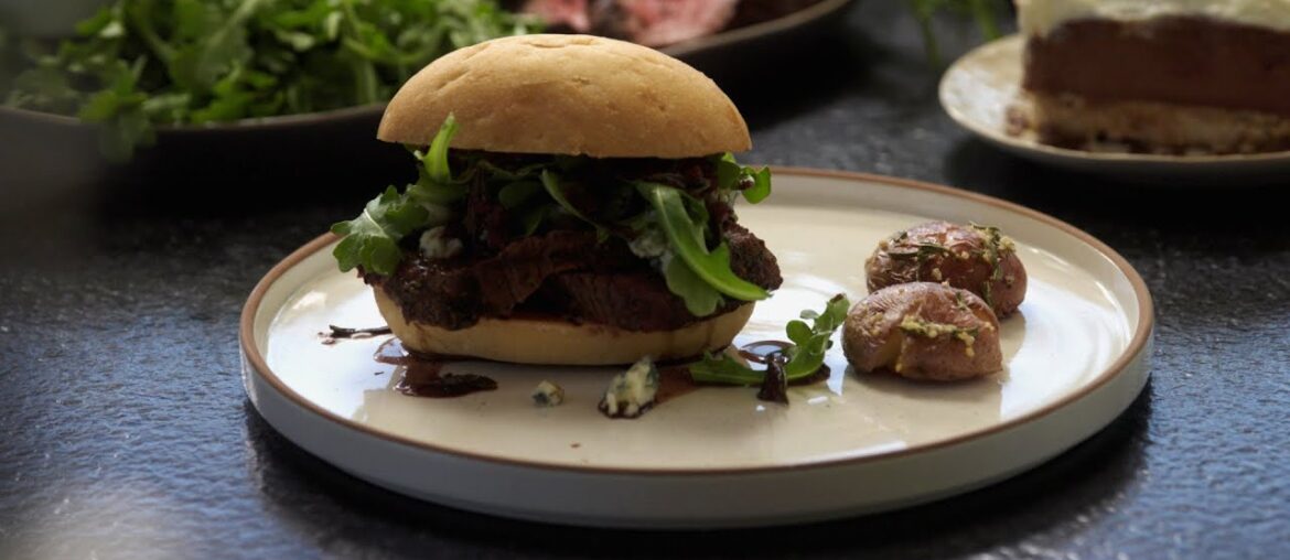 Grilled Beef Tenderloin Sandwiches with Gorgonzola and Port Wine Reduction Sauce | Emeril Lagasse