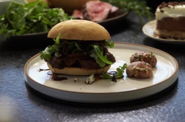 Grilled Beef Tenderloin Sandwiches with Gorgonzola and Port Wine Reduction Sauce | Emeril Lagasse