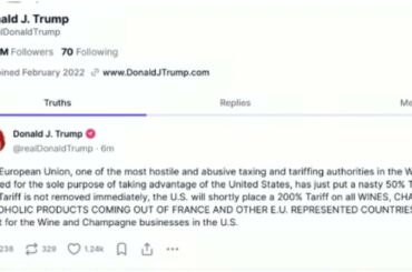 Trump threatens 200% tariffs on French wine and champagne
