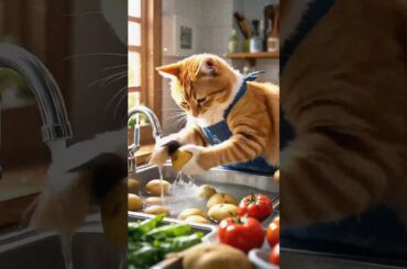 Orange Cat Cooks French Fries & Makes Ketchup Like a Pro!
