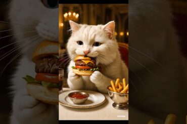Cat Eats Feast: Fries & Burger in Luxury Restaurant | Cat ASMR #cat #asmr #cute #funny #fyp #cutepet