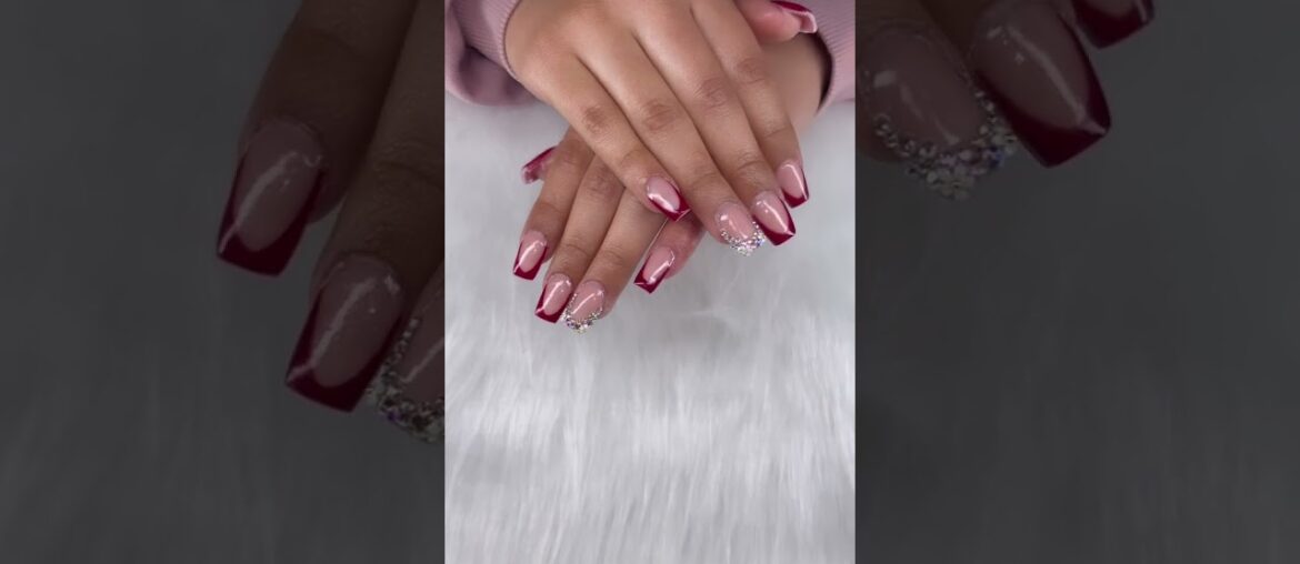 Wine red prom nails Gems French tip #viralvideo #nails #latestinbeautylineupproducts #naildesigns