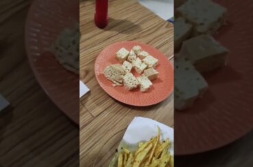 french fry, pudding and kabab