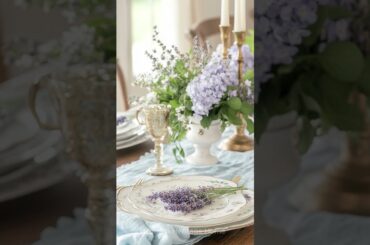A vintage French farmhouse dining table set with soft blue linen  (@modernheritagehome ) #home