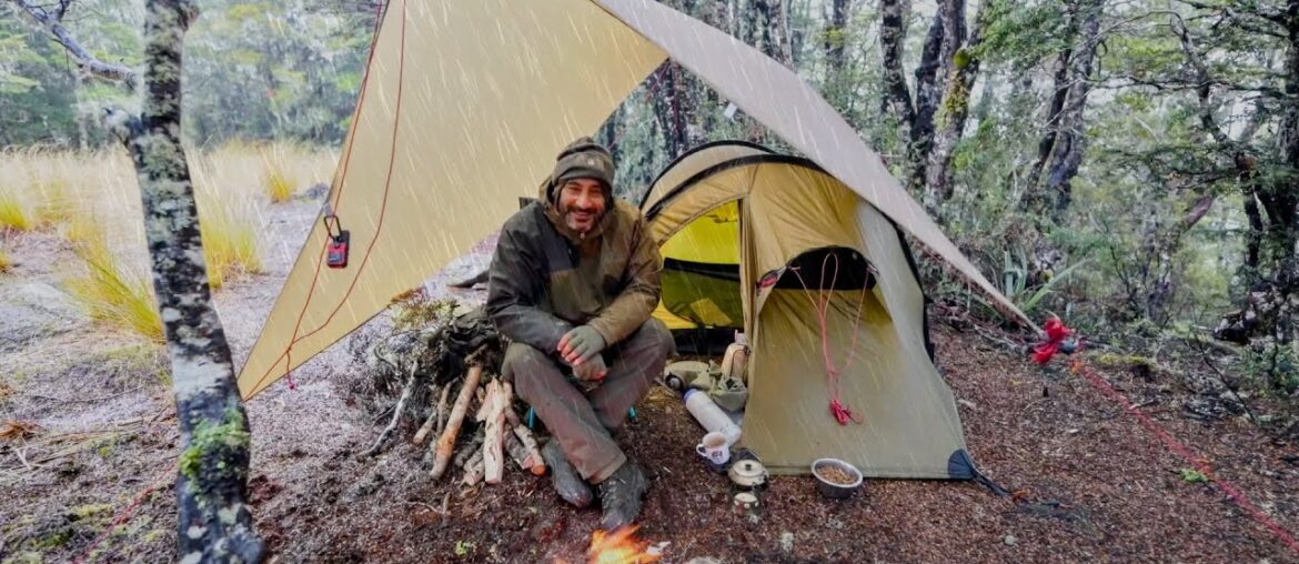 Tent Camping On Mountain In Rain Storm