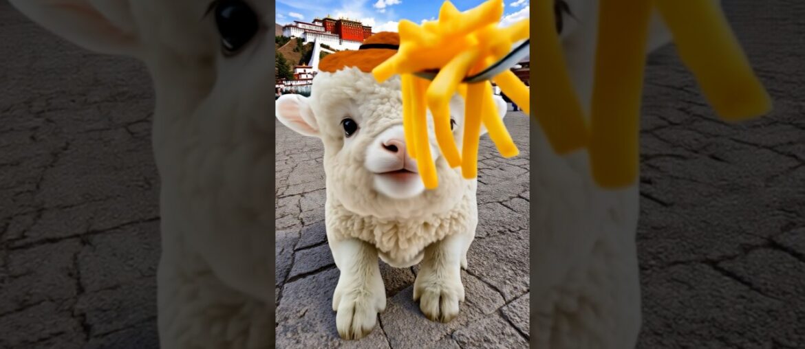 The lamb eats French fries.