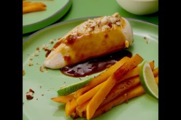 Chicken with lemon sauce and homemade sweat potatoes French fries