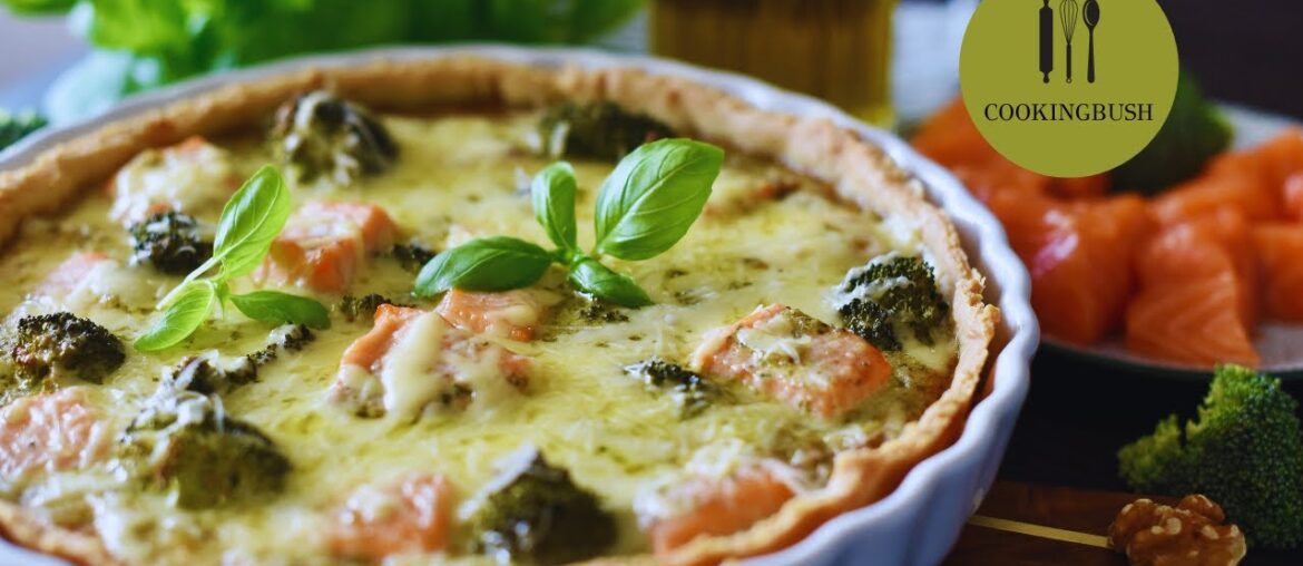 Salmon Pie with Pesto and Broccoli. French Quiche. Homemade Walnut Pesto Sauce Recipe.