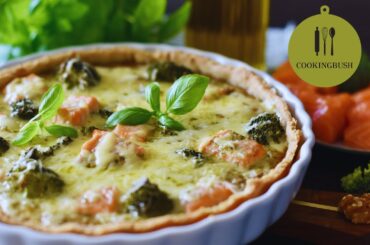 Salmon Pie with Pesto and Broccoli. French Quiche. Homemade Walnut Pesto Sauce Recipe.