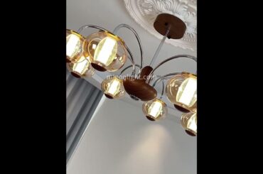 French mid-century style walnut grain glass living room chandelier