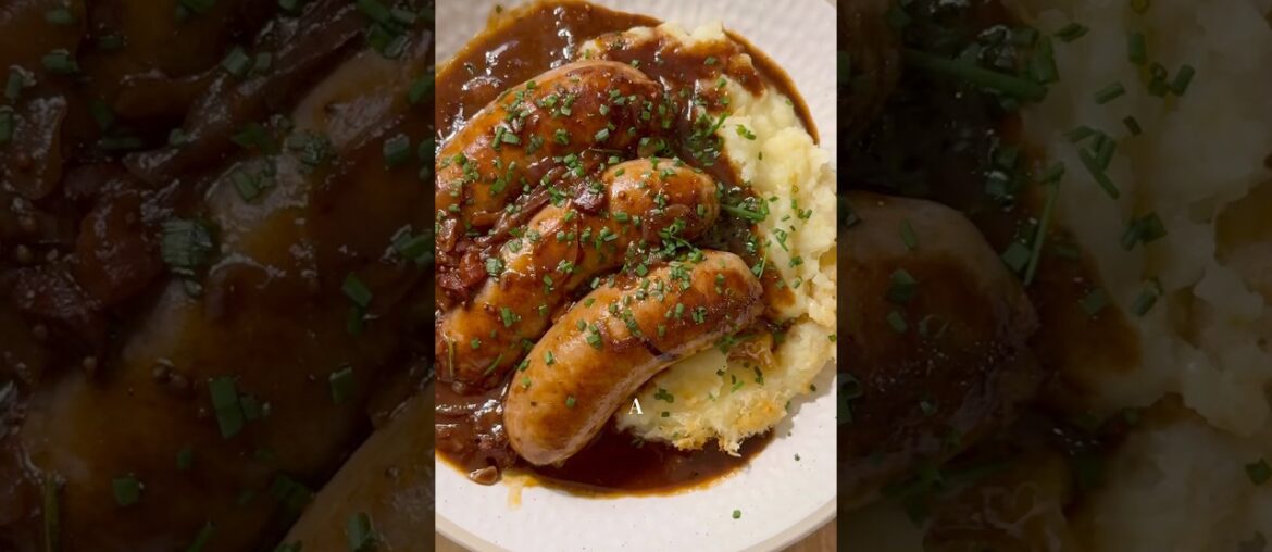 Bangers and Mash. A quintessential British recipe, made better with French wine and Italian Pancetta