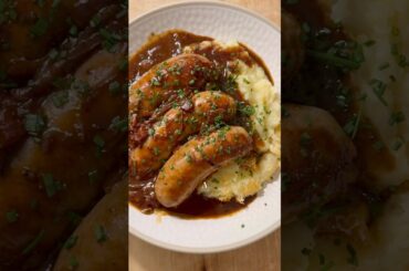 Bangers and Mash. A quintessential British recipe, made better with French wine and Italian Pancetta