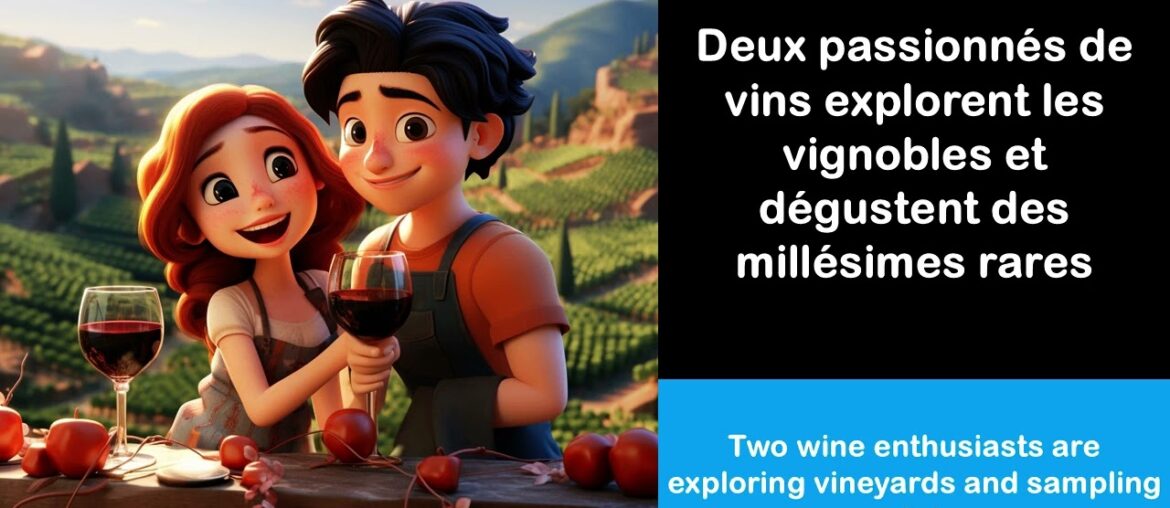 Say it in French I Two wine enthusiasts are exploring vineyards and sampling rare vintages Say it in French I Two wine enthusiasts are exploring vineyards and sampling rare vintages