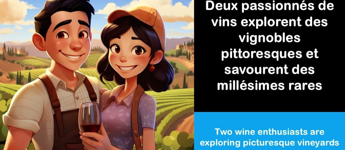 Say it in French I Two wine enthusiasts are exploring picturesque vineyards and savoring rare vintag